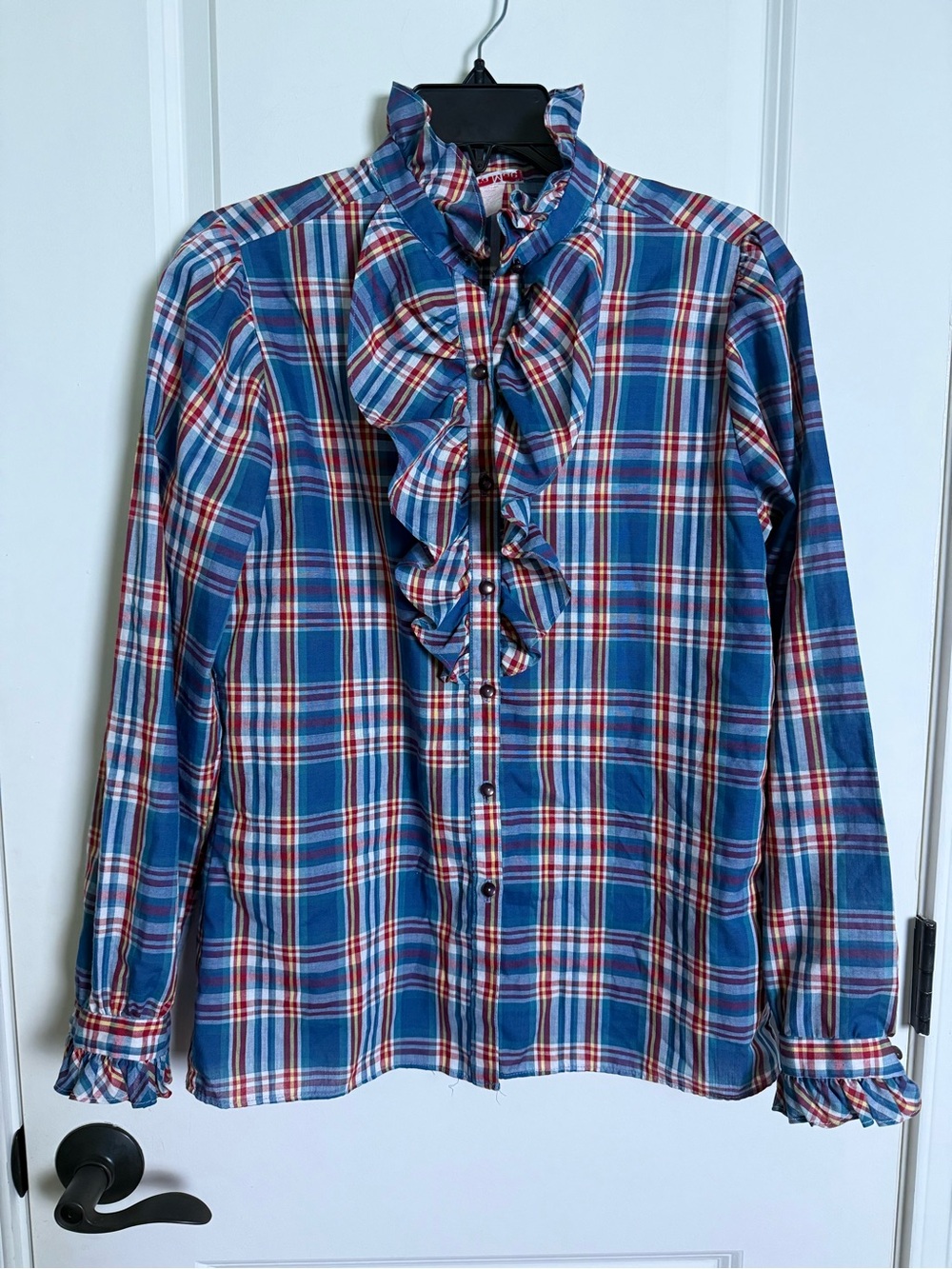 Vintage Plaid Ruffle Front Long-Sleeve Shirt - Blue